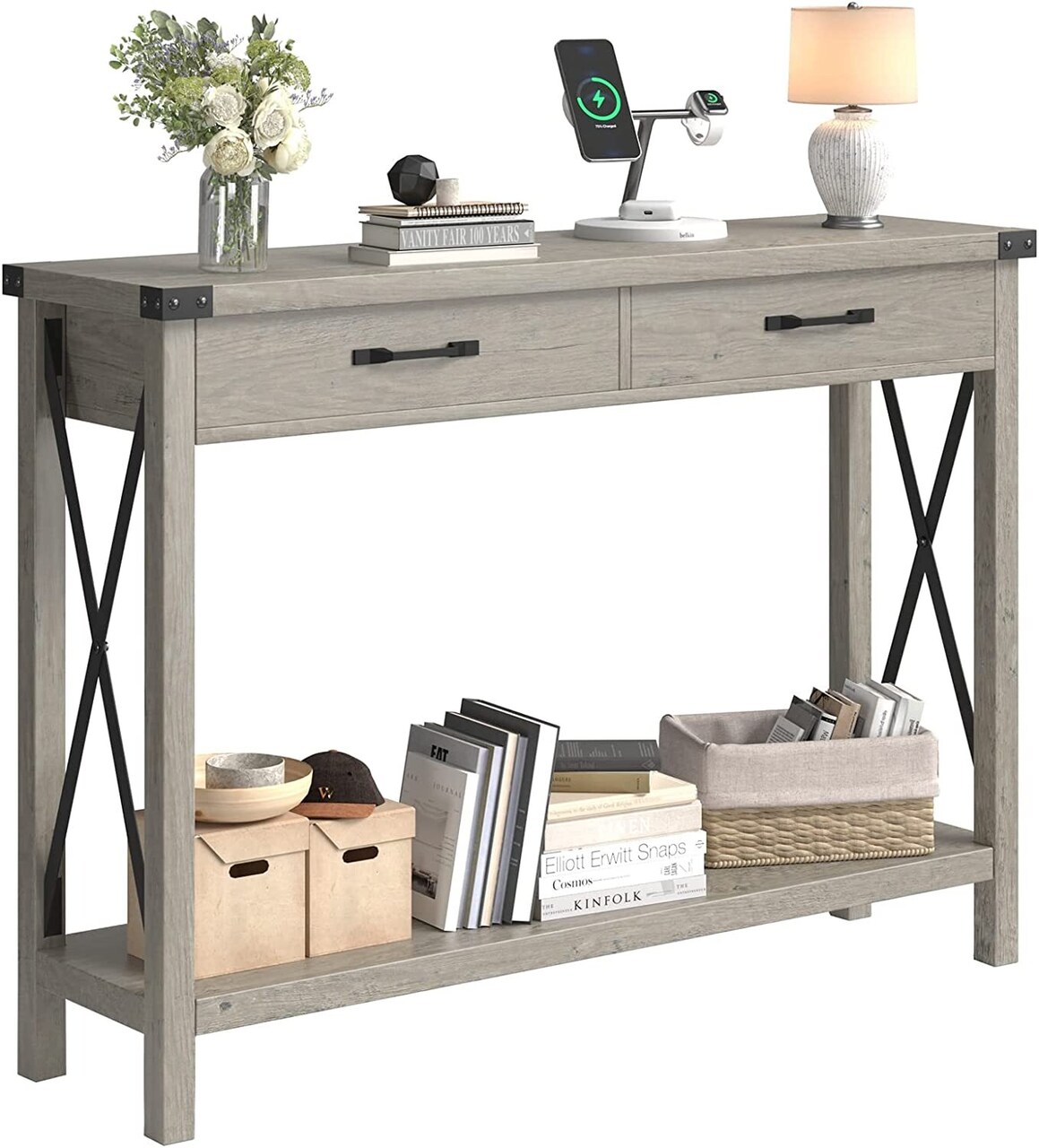 Contemporary Home Living 43" Gray Rectangular Wooden Console Table with Two Drawers and Bottom Shelf